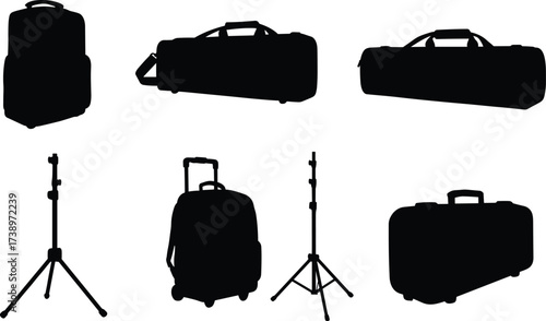 Travel backpack, duffel bag, luggage silhouette, tripod stand, rolling suitcase, photography gear, black icons, tourism equipment, vector design, isolated illustration