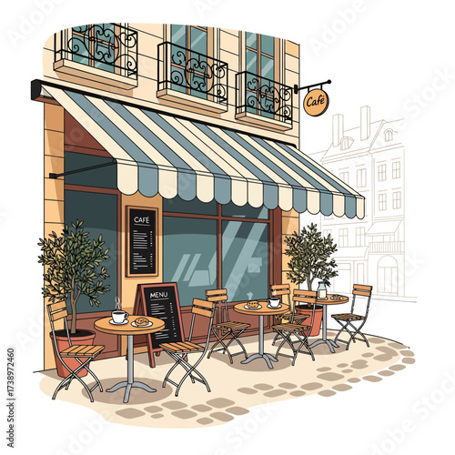 A quaint outdoor cafe scene with a striped awning and charming architecture on a cobblestone street viewed from the sidewalk