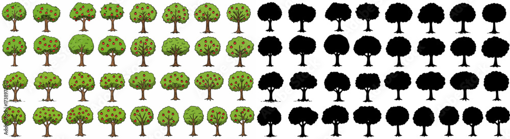 Fototapeta premium Apple trees row with black silhouettes for design