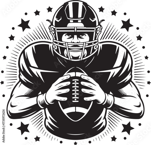 Rugged football player grips ball, stars burst outwards