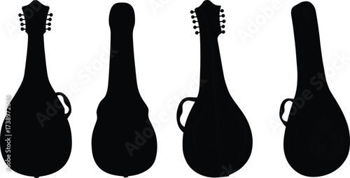 Silhouette of string instrument cases, mandolin guitar violin outlines, black isolated shapes, music storage, vintage design, classical folk acoustic style