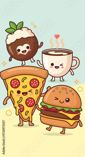 A cartoon illustration of a coffee cup, pizza slice, and burger with anthropomorphic features standing together on a pastel background.