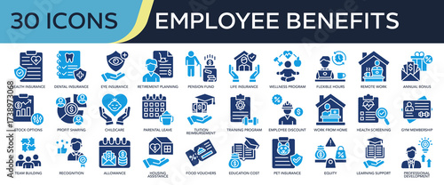 Collection of Employee Benefits icons, related to Health insurance, dental insurance, wellness program, annual bonus, pension fund and more. Solid icons vector illustation.