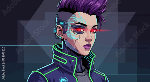 Futuristic portrait of a cybernetic person with neon lights in a dark technological environment viewed from the front