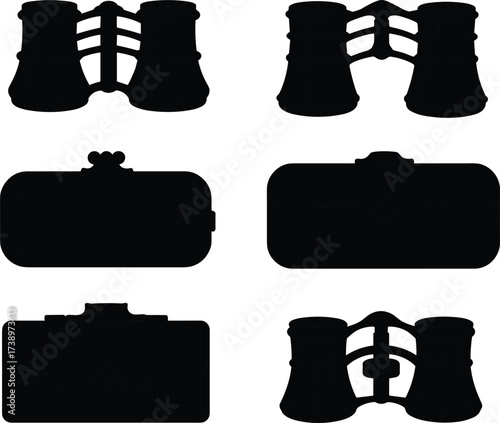 Silhouette icons of binoculars and cameras, vintage retro photography equipment, optical devices, black vector shapes, isolated design elements, comparison set