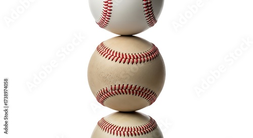 Two baseballs stacked vertically on a white reflective surface, showcasing their stitched seams and classic design.