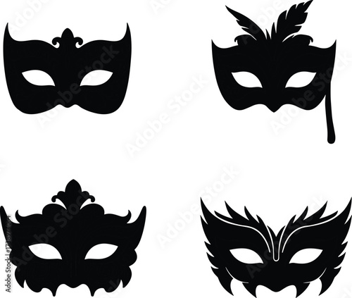 Masquerade mask silhouette, carnival mask design, Venetian mask illustration, ornate party mask, decorative costume mask, elegant festival mask, vector art