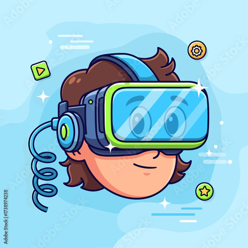 Happy character exploring virtual reality, wearing a modern headset for immersive gaming and digital adventures, surrounded by futuristic tech icons and interactive entertainment