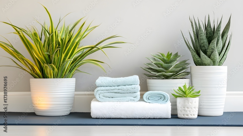 Fototapeta Minimalist home decor with towels and potted plants on yoga mat against white wall