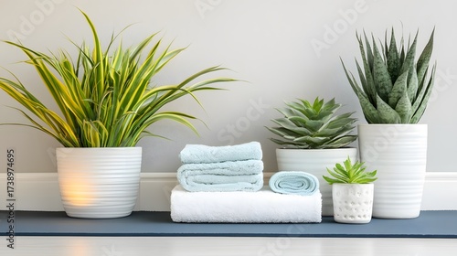 Minimalist home decor with towels and potted plants on yoga mat against white wall