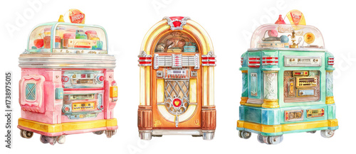 Vintage jukebox collection with playful colors and unique shapes