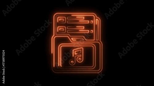 Glowing neon folder with music note animation on black background