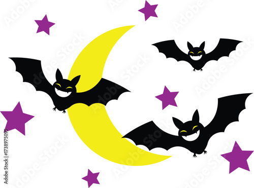 Vector art of halloween bats flying around moon and stars