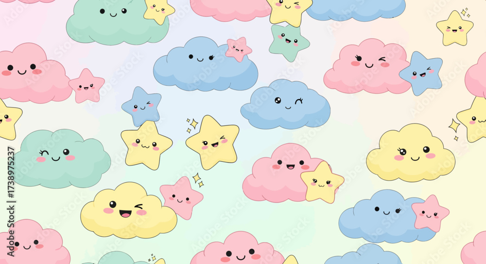 Fototapeta premium Whimsical Pastel Clouds and Cute Stars Seamless Pattern - Adorable Kawaii Design for Kids and Baby Products