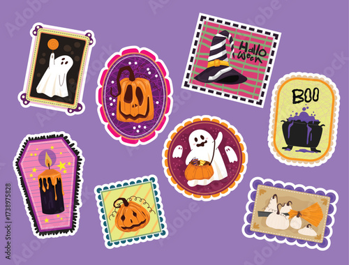 Collection of Halloween themed cartoon stickers arranged on a purple background. Hand drawn vector design