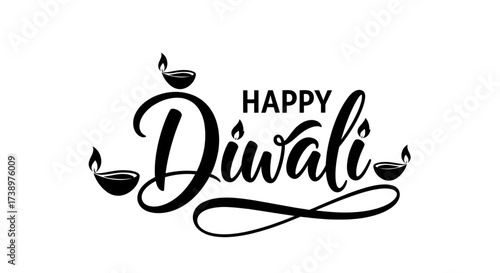 ​A Simple Happy Diwali Typography Design With A Black Script Font And Decorative Lamps On White
