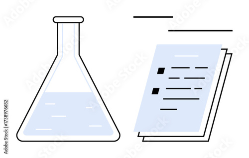 Laboratory flask containing liquid beside documents with marked text. Ideal for education, research, science, analysis, studies, innovation, ideas, simple flat metaphor