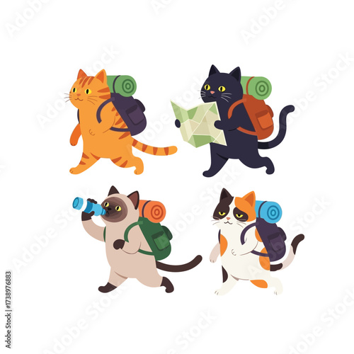 Four cartoon cats on a hiking adventure, each with backpacks and gear.