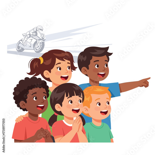 A group of diverse children excitedly watching a motorcycle race, pointing.