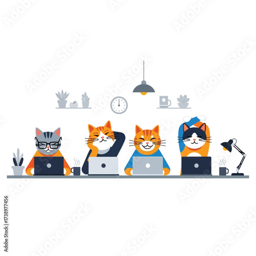 Illustration of a team of four anthropomorphic cats focused on their laptops in a modern office setting, showcasing productivity and teamwork.