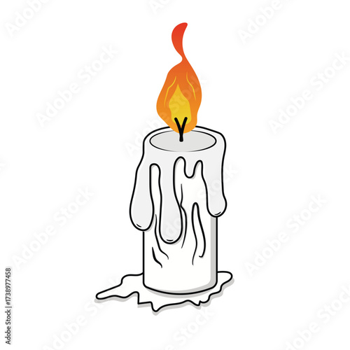 A white candle with melted wax dripping down its sides and base. The flame glows in yellow and orange, creating a warm and calming atmosphere