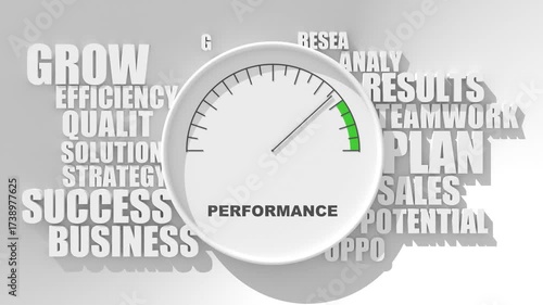 Scale with arrow and keywords. Performance level measuring device. Business efficiency evaluation concept.