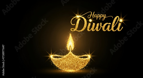 ​A Luxurious Happy Diwali Design With A Glowing Golden Glitter Diya And Sparkling Light Particles