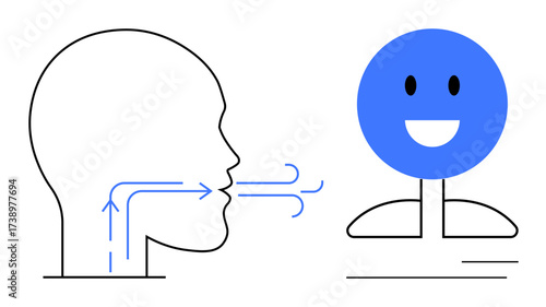Human head with airflow lines facing a smiling blue AI avatar. Ideal for concepts thumbs up communication, technology, AI interaction, machine learning, collaboration, speech, explanation. Simple