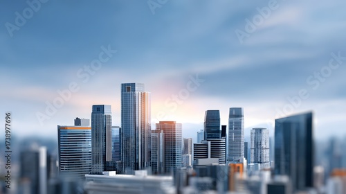 Modern city skyline with numerous tall skyscrapers against a blue sky at sunrise Downtown urban landscape view