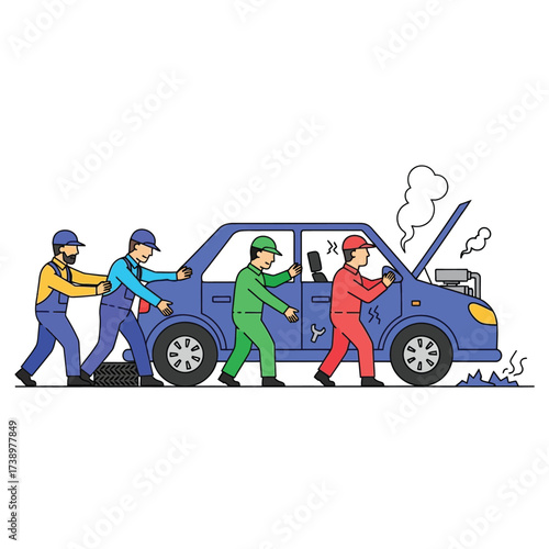 Four mechanics pushing a broken-down blue car with smoke coming from the engine.