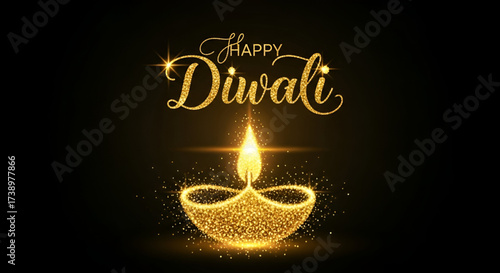 ​A Luxurious Happy Diwali Design With A Glowing Golden Glitter Diya And Sparkling Light Particles