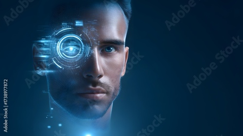 Male face with glowing blue digital eye interface and data grid Futuristic biometric technology against dark background
