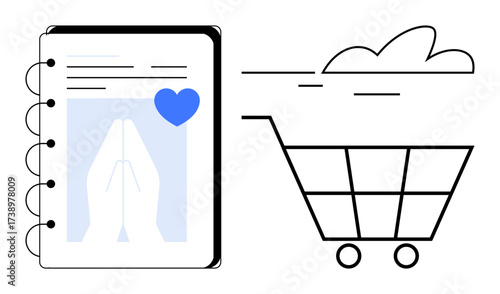 Open notebook with prayer icon and heart beside a shopping cart under cloud. Ideal for online shopping, spirituality, faith, gratitude, e-commerce, mindfulness, organization. Simple flat metaphor