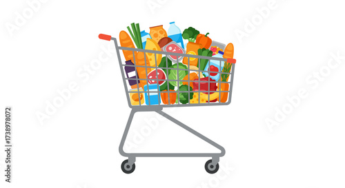 Shopping Cart Overflowing with Groceries Fresh Food Vector Illustration