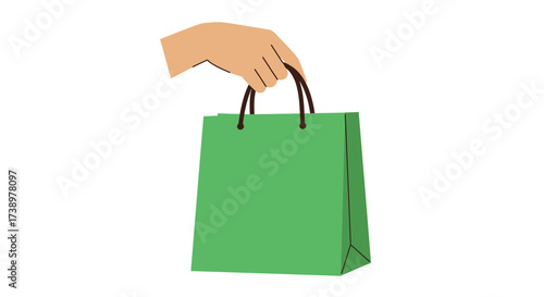 Hand holding a green shopping bag illustration for marketing or sales