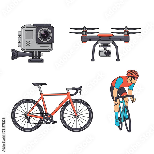 Illustration of an action camera, drone, bicycle, and cyclist, representing outdoor activities and technology.