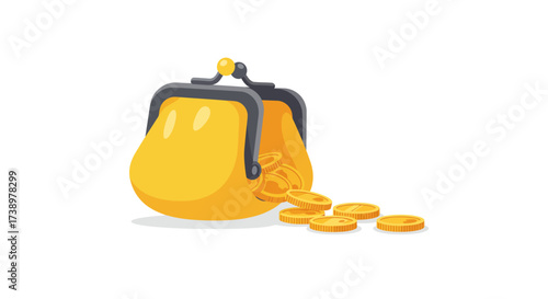 Full yellow purse with coins spilling out on a white background