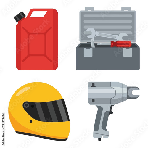 Illustration of a gas can, toolbox with tools, a yellow helmet, and a power drill.