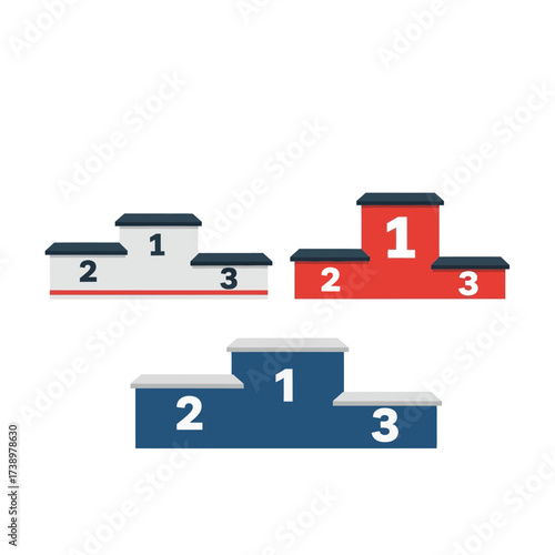 Set of three different colored winner's podiums with numbers one, two, and three for sports competitions.