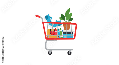 Shopping Cart Filled with Groceries, Plant, and Shoes on White Background
