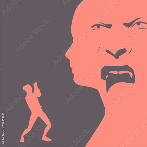 Abused young woman trying to hide and defend herself. Stop violence against women. Family scandal, domestic violence and abuse. Woman harassed by her partner. Aggressive husband shouting on wife.