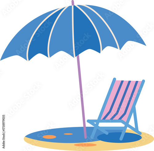 Flat vector beach scene blue umbrella pink striped lounge chair sand water summer holiday