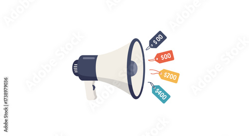 Amplifying Value Megaphone Showcasing Price Tags in a Promotional Design