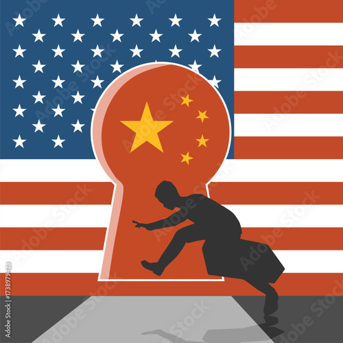 Businessman steal the top secret. National flags of USA and China. Concept of commercial espionage and trying to get insider documents. Thief escaping with a loot.