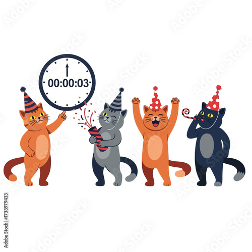 Four cartoon cats celebrating with party hats, noisemakers, and a clock showing three seconds past midnight.