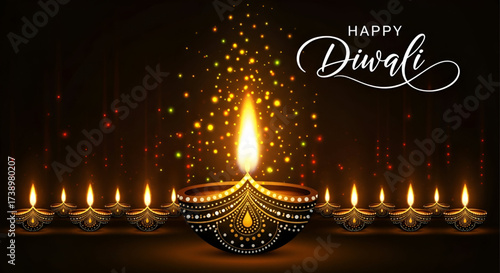 ​A Warm Happy Diwali Background With An Ornate Diya And A Row Of Luminous Lamps In A Magical Setting
