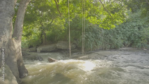 A ungraded wide shot of a running river stream with a swing in the middle hanging  from a tree and underneath is the flowing river.