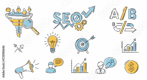 Marketing and business icons depicting SEO, A/B testing, sales funnel, and other concepts.