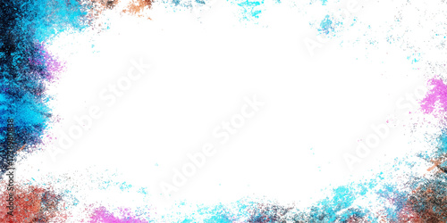 An abstract colorful watercolor grunge background with blue snowflake and water drop splash illustration for a winter holiday Christmas card design frame