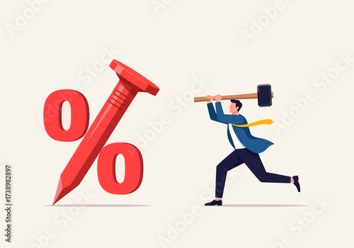 A determined businessman, wielding a large hammer, runs towards a giant red nail integrated with a percentage symbol, illustrating the effort to "nail down" interest rates or financial targets.